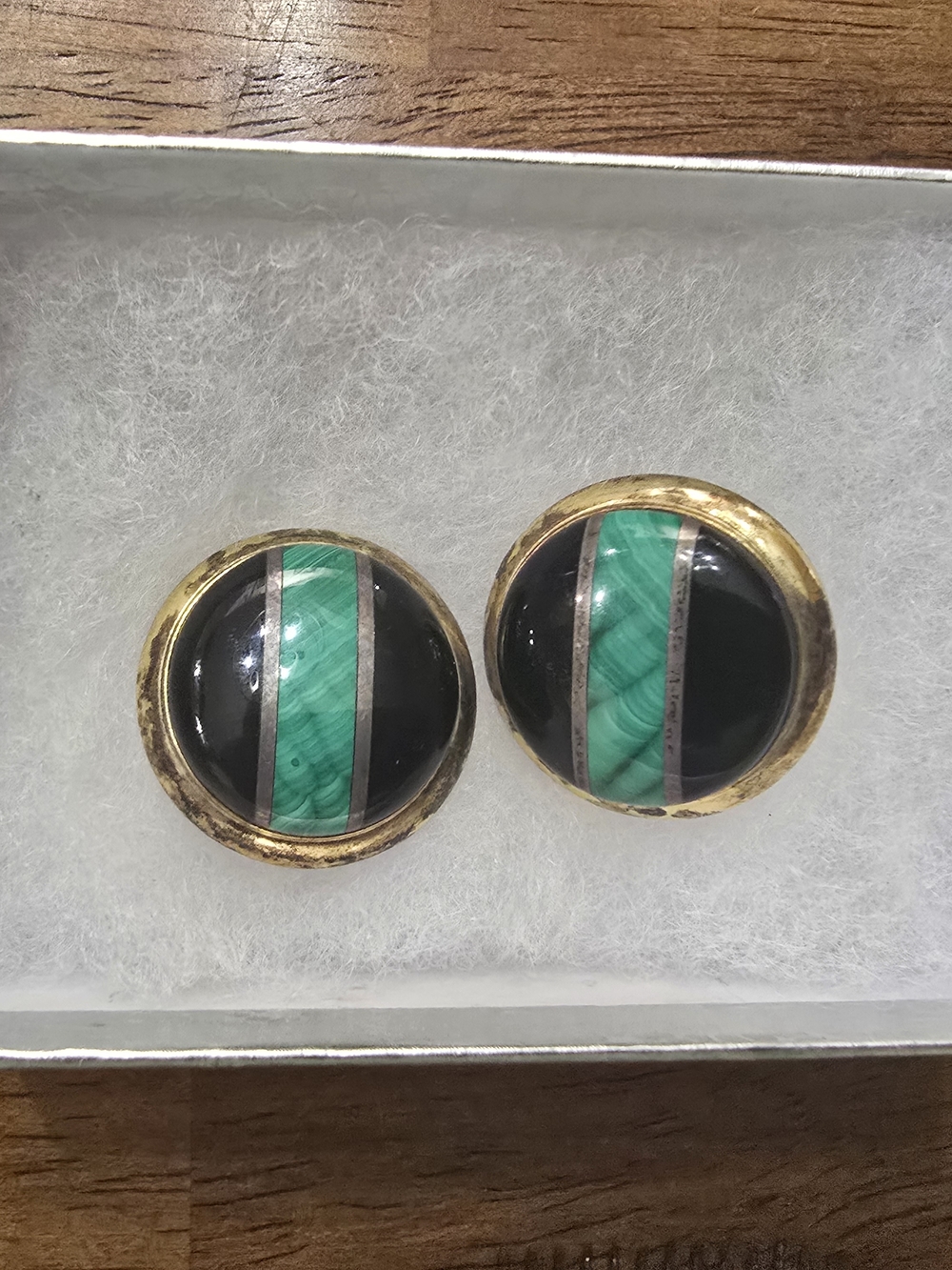 VTG Gold over Sterling Silver Malachite & Black Onyx Round Clip Post Earrings